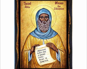 Saint Moses the Black Icon - Holy Card on Handmade Wood Plaque