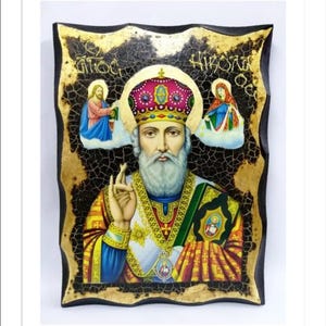 Sinterklaas - Nicolas de Myre - San Nicola di Bari - Kerstman - Saint Nick Handgemaakt houten icoon met fysieke veroudering en bladgoud 24K