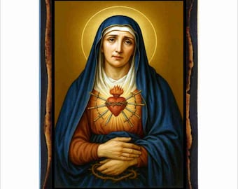 Our Lady of Sorrows Icon - Byzantine Art Catholic Holy Card on Handmade Wood Plaque