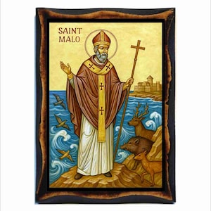 May include: An icon of Saint Malo in a dark wooden frame. The image depicts a religious figure holding a cross, with text that reads "SAINT MALO". The background shows a coastal scene with animals and birds.