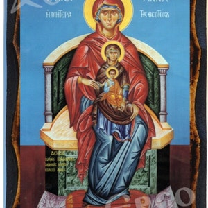 Saint Mary Mother Holy Mary and Jesus Christ Greek Orthodox Byzantine Christian Icon on Wood