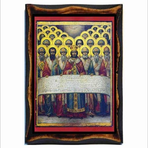May include: A vintage-style religious icon depicting a group of saints holding a scroll with text. The icon is framed in a dark wood frame with a wavy design. The saints are depicted in a traditional style with gold halos and ornate clothing.