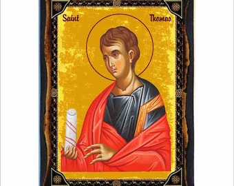 Thomas the Apostle - Byzantine Icon - Catholic Holy Card on Handmade Wood Plaque