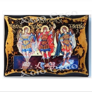 Michael,Gabriel and Raphael Archangels-Arcangeli Gabriele,Raffaele e Michele Handmade Wood Icon on plaque physical aging and Golden Leaf 24K