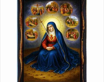 Our Lady of Sorrows - Byzantine Art - Catholic Holy Card on Handmade Wood Plaque