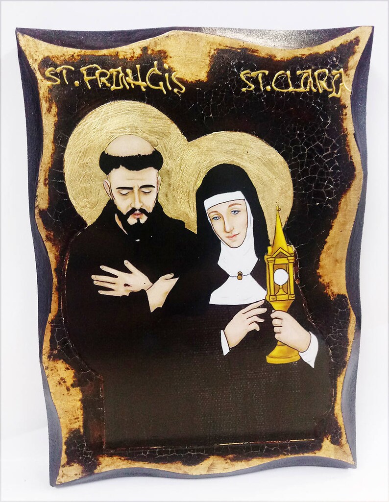 Saint Francis of Assisi and Saint Clare of Assisi Catholic friar, Handmade Wood Icon on plaque with physical aging and Golden Leaf 24K image 1