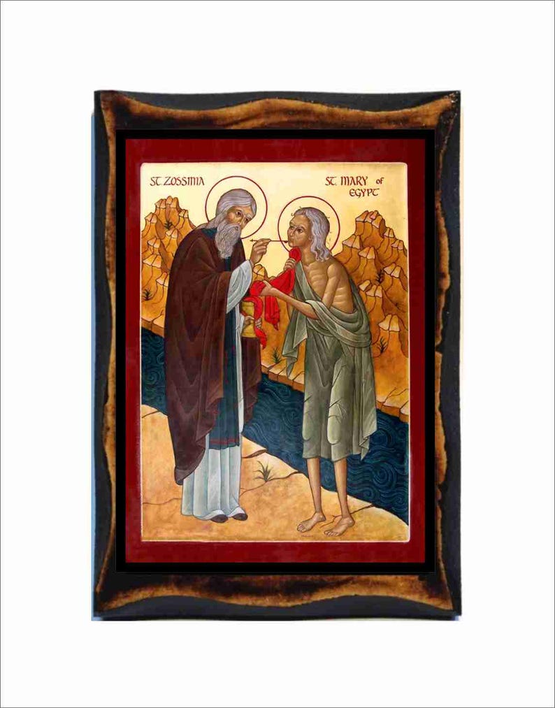 Mary of Egypt and Zosimas Icon - Byzantine Art - Holy Card on Handmade ...