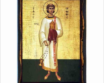 Saint Stephen - Byzantine Art - Orthodox Catholic Holy Card on Handmade Wood Plaque