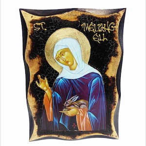Saint Melangell Abbess of Ireland - Melangell and The Hare - Monacella -Handmade Wood Icon on plaque with physical aging and Golden Leaf 24K