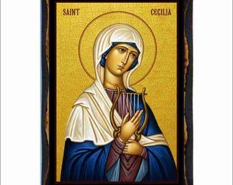 Icono de Santa Cecilia - Arte bizantino - Estampa religiosa católica en placa de madera hecha a mano