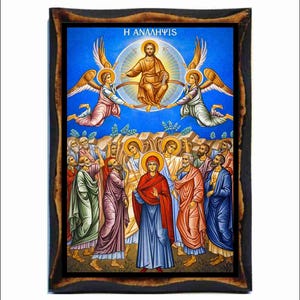 Icoon Hemelvaart van Jezus Christus - Byzantijnse kunst - katholieke heilige kaart op handgemaakte houten plaquette