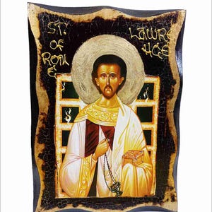 San Lorenzo - San Lorenzo - Lorenzo de Roma - San Lorenzo Icono de Madera Hecho a Mano en placa con envejecimiento físico y Pan de Oro 24K