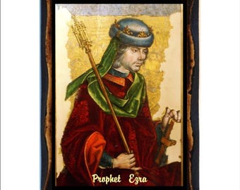 Prophet Ezra Byzantine Icon - Catholic Holy Card on Handmade Wood Plaque