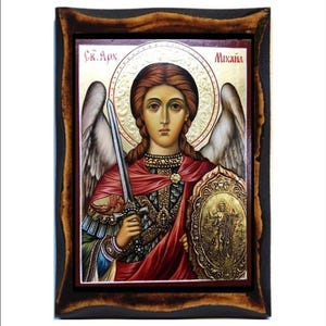 Erzengel Michael Ikone - Byzantinische Kunst - Katholische Heilige Karte auf Handgefertigter Holzplakette