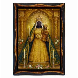 Virgem da Candelária - Ícone Ortodoxo em Placa de Madeira Feita à Mão, Arte Religiosa Católica