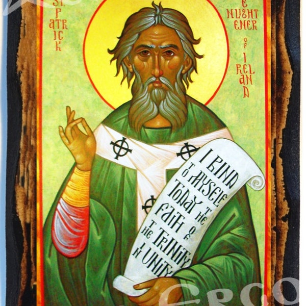 Saint Patrick of Ireland Christian Catholic Handmade wood icon on plaque