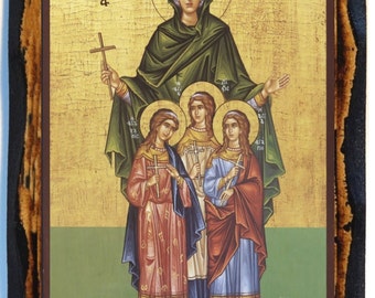 Saint Sophia the Martyr Greek Orthodox Russian Mount Athos Byzantine Christian Catholic Handmade wood icon on plaque
