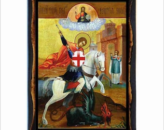 Saint George-pictogram - Byzantijnse kunst - orthodox-katholieke heilige kaart op handgemaakte houten plaquette