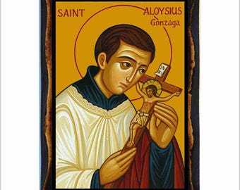 Icono bizantino de San Luis Gonzaga - Estampa católica en placa de madera hecha a mano