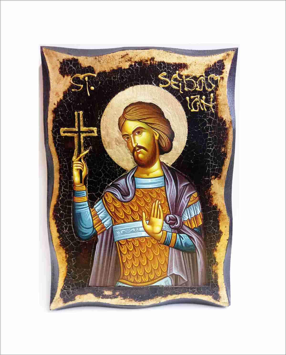 Saint Sebastian Handmade Wood Icon on Plaque With Physical Aging