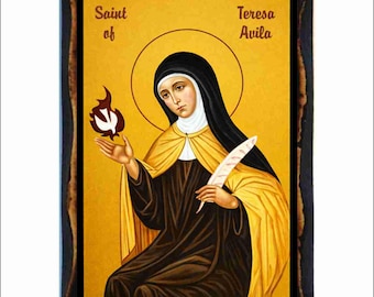 Sankta Teresa av Ávila kristen romersk-katolsk handgjord träikon på plakett