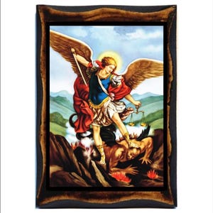 Byzantinische Kunst - St. Michael - Katholische Heilige Karte auf Handgefertigter Holzplakette