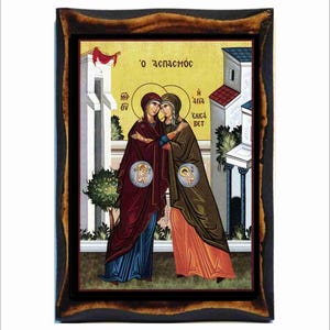 Bezoek van Theotokos aan Elizabeth Handmade Wood Icon on Plaque