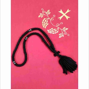Cordón de oración de lana de 100 nudos con cuentas negras y bendecido con la Santa Mirra -Komboskini- Chotki- Cuerda de oración de lana de 100 nudos, hecha a mano por ancianos