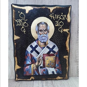 Sinterklaas - Nicolas de Myre - San Nicola di Bari - Kerstman - Saint Nick Handgemaakt houten icoon met fysieke veroudering en bladgoud 24K