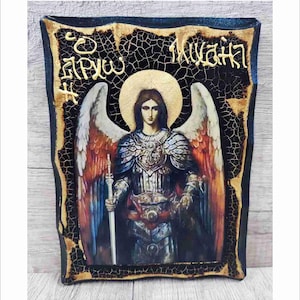 Michael the Archangel - Archange Michel - Miguel Arcanjo - Arcangelo Michele Handmade Wood Icon on plaque physical aging and Golden Leaf 24K