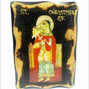 Saint Christopher the dog head - Cynocephaly - Cinocefalo -Cynocéphalie Handmade Wood Icon on plaque with physical aging and Golden Leaf 24K