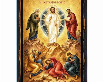 Die Verklärung Jesu - Byzantinische Kunst - Katholische Heilige Karte auf Handgefertigter Holzplakette