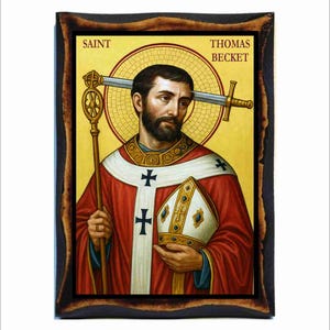 Puede incluir: Icono de Santo Tomás Becket, enmarcado en madera oscura. La imagen representa a un hombre con barba, vestido con túnicas rojas y blancas, con una espada que le atraviesa la cabeza. Sostiene un báculo y una mitra. Texto: "Saint Thomas Becket".