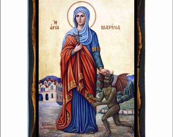 Saint Marina of Antioch - Byzantine Art - Holy Card on Handmade Wood Plaque