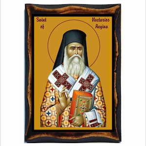 Saint Nectarios of Aegina - Byzantine Icon - Orthodox Holy Card on Handmade Wood Plaque