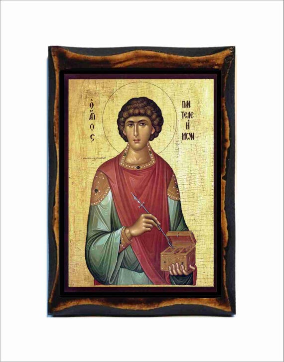 Saint Pantaleon ウォールアート 宗教画 ヴィンテージ Saint Pantaleon - Byzantine Art - Orthodox Catholic Holy Card on