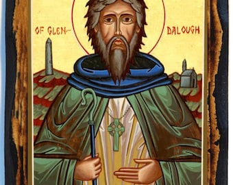 Saint Kevin of Glendalough Handmade wood icon on plaque