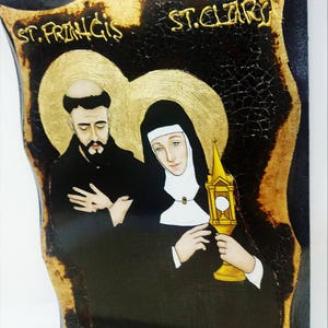 Saint Francis of Assisi and Saint Clare of Assisi Catholic friar, Handmade Wood Icon on plaque with physical aging and Golden Leaf 24K image 2