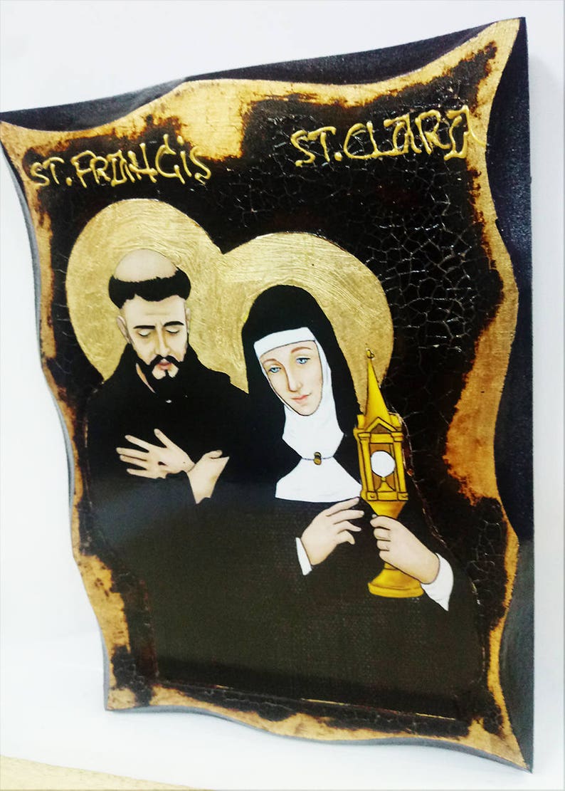 Saint Francis of Assisi and Saint Clare of Assisi Catholic friar, Handmade Wood Icon on plaque with physical aging and Golden Leaf 24K image 2