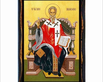 Saint Blaise - Saint Blasius - Byzantine Art Print - Catholic Holy Card on Handmade Wood Plaque
