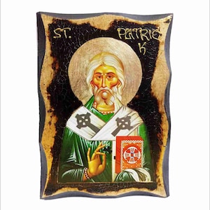 Patrick of Ireland - San Patrizio - Patrick d'Irlande - Saint Patrice - Handmade Wood Icon on plaque with physical aging and Golden Leaf 24K
