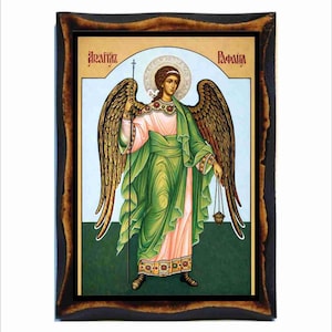 Icona dell'Arcangelo Raffaele - Arte bizantina - Immagine sacra cattolica ortodossa su targa di legno fatta a mano
