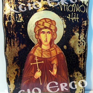 Saint Hypomone of Loutraki Handmade Wood Icon on plaque with physical aging and Golden Leaf 24K