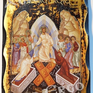 The Resurrection of Jesus Handmade Wood Icon on plaque with physical aging and Golden Leaf 24K