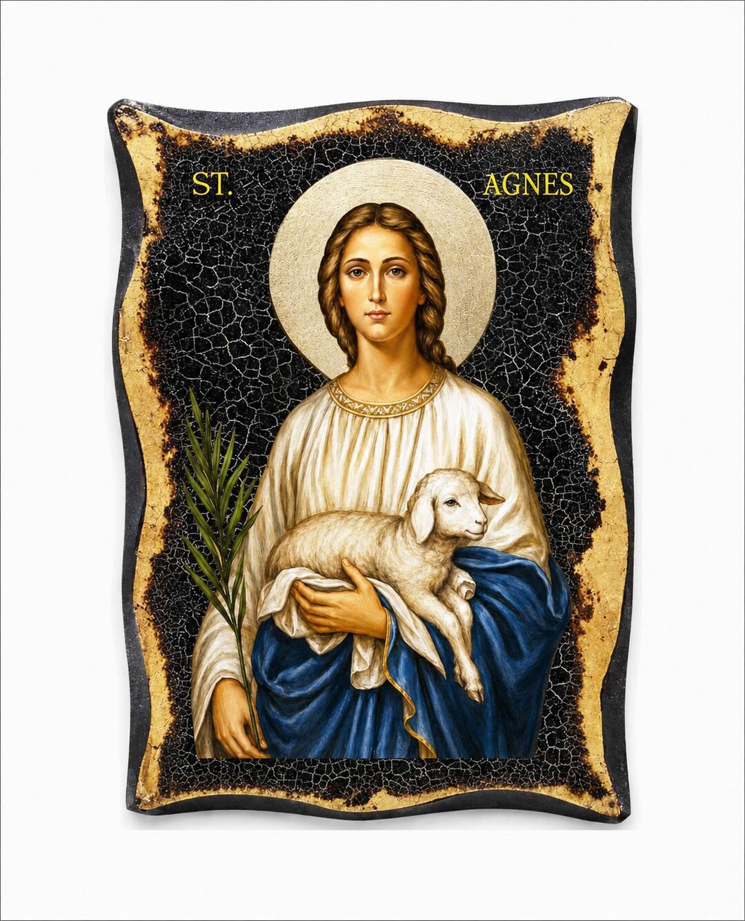 聖アグネス・オブ・ローマのイコン 手作りの木製飾り板 24金箔付き