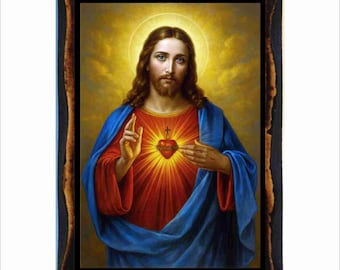 Sacred Heart of Jesus Icon - Byzantine Art - Catholic Holy Card on Handmade Wood Plaque