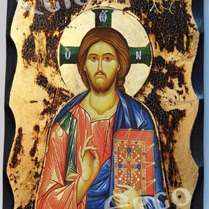 Christ Blessing Icon: Greek Orthodox Byzantine Gold Leaf Wood Art