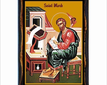 Saint Mark Icon - Byzantine Art - Orthodox Catholic Holy Card on Handmade Wood Plaque