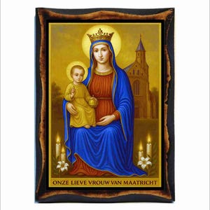 Unsere Liebe Frau von Maastricht - kybernetische Ikone auf handgemachter hölzerner Plakette, katholische religiöse Kunst