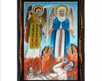 Saint Archangel Michael and Saint Kristos Samra saving souls from Hell - Christos Samra  Icon on Wood